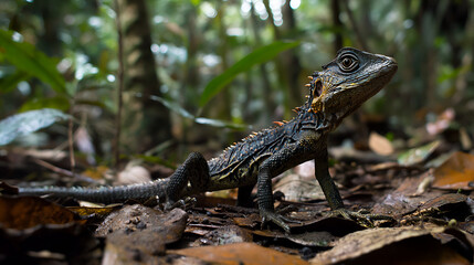 The Borneo angle head lizard or Borneo forest dragon Green crested lizard at night on branch in Datum Valley Borneo Camouflaged Creatures , Generative AI