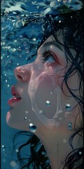 a woman with a blue eye and a white dot on her face is looking up at the water.