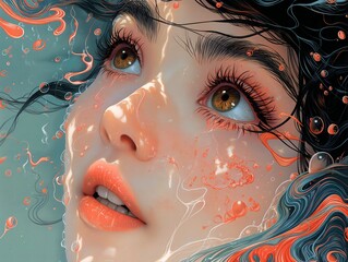 a woman with brown eyes and a blue and pink colored watercolor on her face.