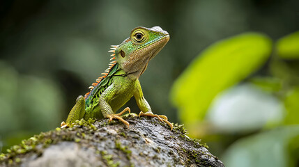 The Borneo angle head lizard or Borneo forest dragon Green crested lizard at night on branch in Datum Valley Borneo Camouflaged Creatures , Generative AI