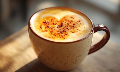 Obraz premium Cappuccino with cinnamon sprinkled on milk foam in ceramic cup on sunlit wooden table