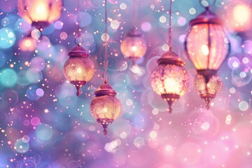 Magic Colorful Lanterns in Pastel Pink Hues - Dreamy Decorative Background for Print, Poster, or Card Design