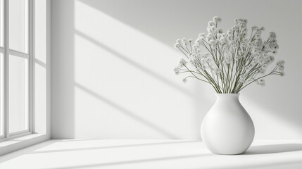 White vase with dried flowers positioned near a sunlit window in a minimalist interior setting