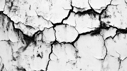 Fototapeta premium Cracked white wall surface revealing a weathered texture in natural light