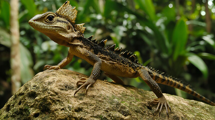 Naklejka premium The Borneo angle head lizard or Borneo forest dragon Green crested lizard at night on branch in Datum Valley Borneo Camouflaged Creatures , Generative AI