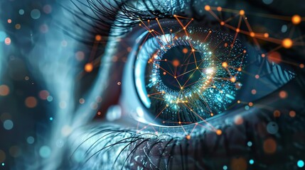 A digital eye, rendered with AI connections and data points, showcases the integration of human vision in face ID technology.