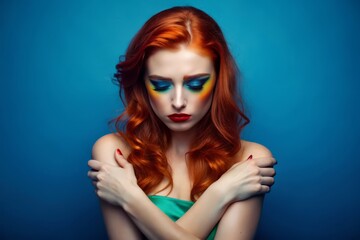 Fototapeta premium Against a vibrant blue backdrop, a young woman with bold, colorful makeup and striking red hair folds her arms, casting her gaze downward in a poignant display of sadness and vulnerability.