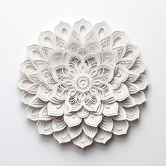 Minimalistic mandala artwork. A beautifully crafted white paper sculpture resembling a mandala, featuring intricate layers and floral patterns. 