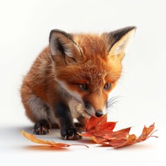 Obraz premium Red Fox Kit Sniffing Autumn Leaf.