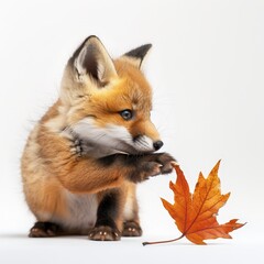 Curious Red Fox Kit with Autumn Leaf.