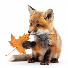 Fototapeta premium Red fox cub with an autumn leaf.