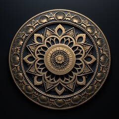 Minimalistic mandala artwork. A beautifully crafted circular wall art featuring intricate floral patterns and designs, with a gold finish on a dark background.