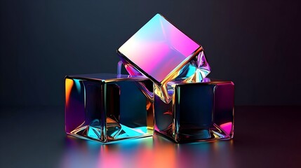 Abstract Chrome-Finished 3D Shapes with Dynamic Angles and Vibrant Colors on Dark Background, Modern Edgy Design with Potential Text Area