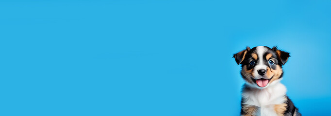 Funny studio portrait of cute smilling puppy dog isolated on blue background, banner