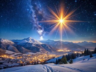 A radiant Christmas star twinkles brightly in the night sky above the snow-capped mountains of Bethlehem, casting a peaceful and serene winter wonderland atmosphere.