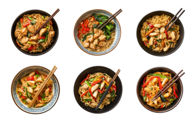 chicken noodles with vegetables in a bowl with chopsticks isolated on a transparent or white background, cut-out, top view, PNG