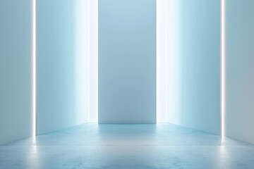 Abstract Blue Light Background. Room Interior with Vertical White Line Strips Illuminating a White Space