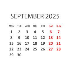 Calendar september 2025 icon in flat style. Planner vector illustration on isolated background. Calender sign business concept.