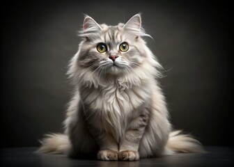 Fototapeta premium Adorable light grey cat with bright curious eyes and fluffy fur poses cutely on a dark studio background, showcasing its playful and innocent nature.