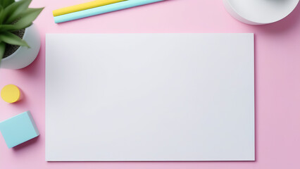 mock up, flat lay paper notebook on pink background, workspace concept. Top view, banner, with copy space