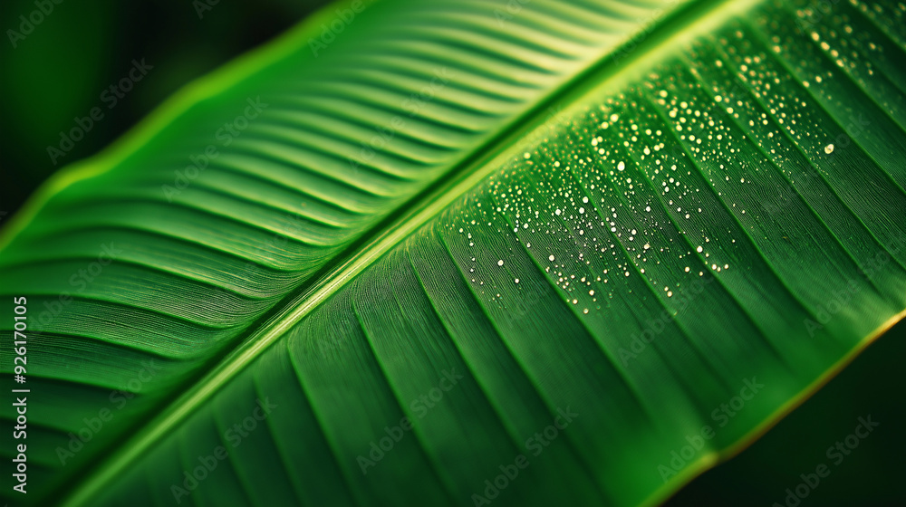 Wall mural close-up of a vibrant green leaf with dew drops in a lush tropical garden during early morning