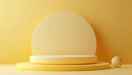 Yellow Round Podium on Bright Yellow Background. Yellow Stage Product Display with Copy Space for Text, Studio View