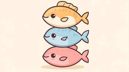 Naklejka premium Cute Kawaii Cartoon Illustration of Three Playful Stacked Fish in Pastel Colors with Bold Outlines on Solid Background