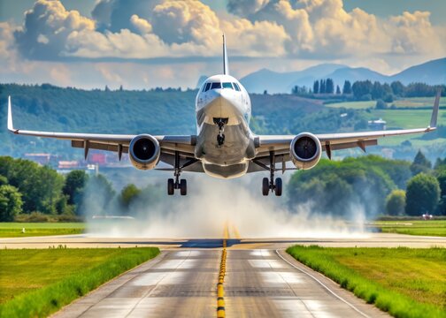 Commercial airliner accelerating down runway on a sunny day, wheels spinning and engines roaring as it gains speed for departure from Malpensa Airport in Italy.