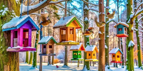 Colorful bird feeders and squirrel houses in a serene park setting provide sustenance and shelter for wildlife, fostering a harmonious coexistence with nature during winter months.