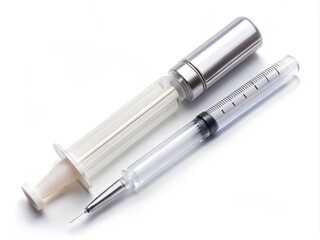 A modern medication package and injector pen lie on a clean white background, offering ample copy space to highlight the product's label and design.