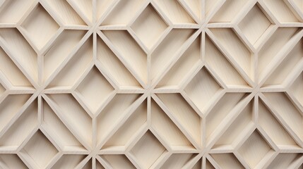 A close-up view of a decorative wooden panel featuring a geometric pattern of interlocking shapes, creating a three-dimensional effect. The light wood finish enhances the intricate design.