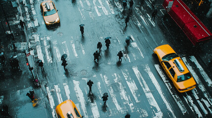 Motion blur movement of City street  in raining day. people, traffic, transportation, reflect...