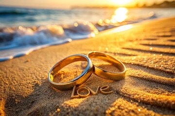 Intimate beach scene featuring two intertwined golden wedding rings and subtle sand-written message...