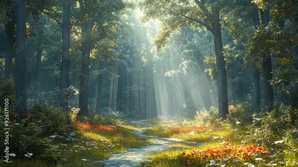 Poster Golden rays beam through tall trees, illuminating a vibrant path adorned with wildflowers, creating a serene atmosphere in the heart of the forest