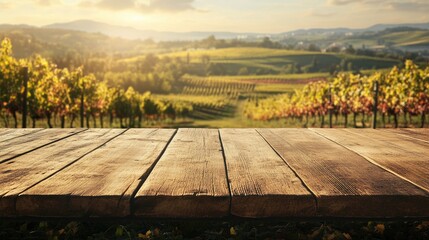 Naklejka premium Empty wooden table with a French vineyard blurred in the background, perfect for product display or wine advertisement, creating a rustic ambiance.
