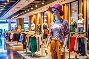 Naklejka premium Fashionable mannequin modeling trendy outfit stands on display at a bustling shopping mall in Bangkok, surrounded by vibrant clothing racks and modern store decor.