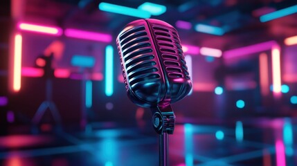 Glowing 3D Neon Microphone in Vibrant Colors Amidst Modern Darkness