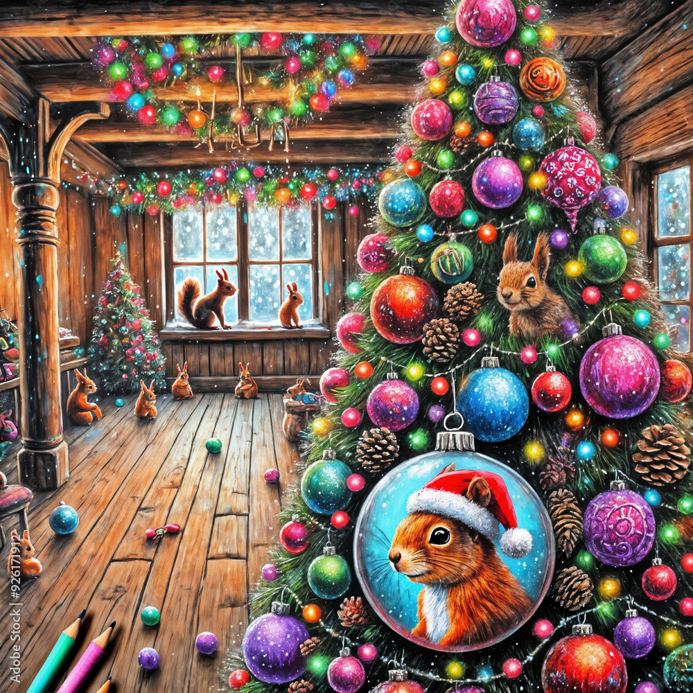 Wall mural squirrels decorating the christmas tree 2