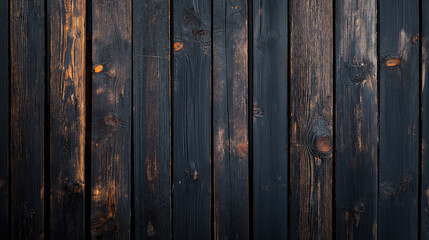 Fototapeta premium Dark wooden planks arranged vertically on a textured surface in a dimly lit setting