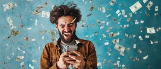 Man Reacting to Good News on Phone with Money Raining Down.
