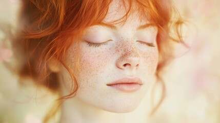 Fototapeta premium Close-up Portrait of a Young Woman with Red Hair and Freckles