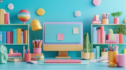 A vibrant and organized home office desk setup featuring a pastel-colored computer, bookshelves, pencils, and decor, creating a cheerful workspace.