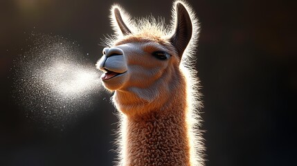 A llama appears to be sneezing, with water droplets and light creating a sparkling effect against a dark background, ideal for use in animal-themed content or humorous posts,