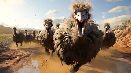 A group of ostriches running towards the camera in a desert landscape during a clear day with blue sky and scattered clouds ideal for wildlife, adventure, and travel content,