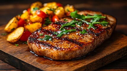 A perfectly grilled steak seasoned with herbs, paired with roasted potatoes and garnished with arugula on a wooden cutting board, ideal for culinary blogs, menus, or advertisements,