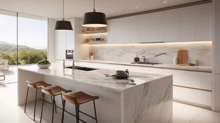 Sleek Marble Kitchen Island with Elegant Coffee Set, Glossy White Cabinets, Warm Lighting, and Sunlit Modern Interior, Captured in a Clean and Sophisticated Photography