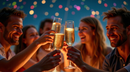 A joyful group of friends clinks champagne glasses together under festive lights, celebrating a special moment with laughter and cheer.