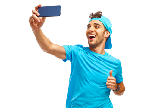 Happy Selfie Runner: A young man in a blue t-shirt and cap, takes a selfie after a successful run, his face beaming with joy and accomplishment. He's capturing the moment and sharing his positive.