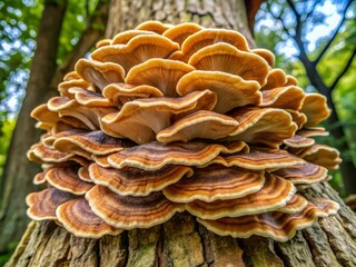 A close-up shot of a lumpy bracket mushroom, Trametes gibbosa, featuring a distinctive wavy, multi-tonal cap and pores on its underside, growing on a tree trunk.