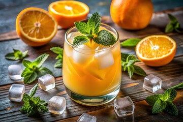 Refreshing summer cocktail featuring vodka, orange juice, and ice, garnished with a slice of orange and a sprig of fresh mint, served in a chilled glass.
